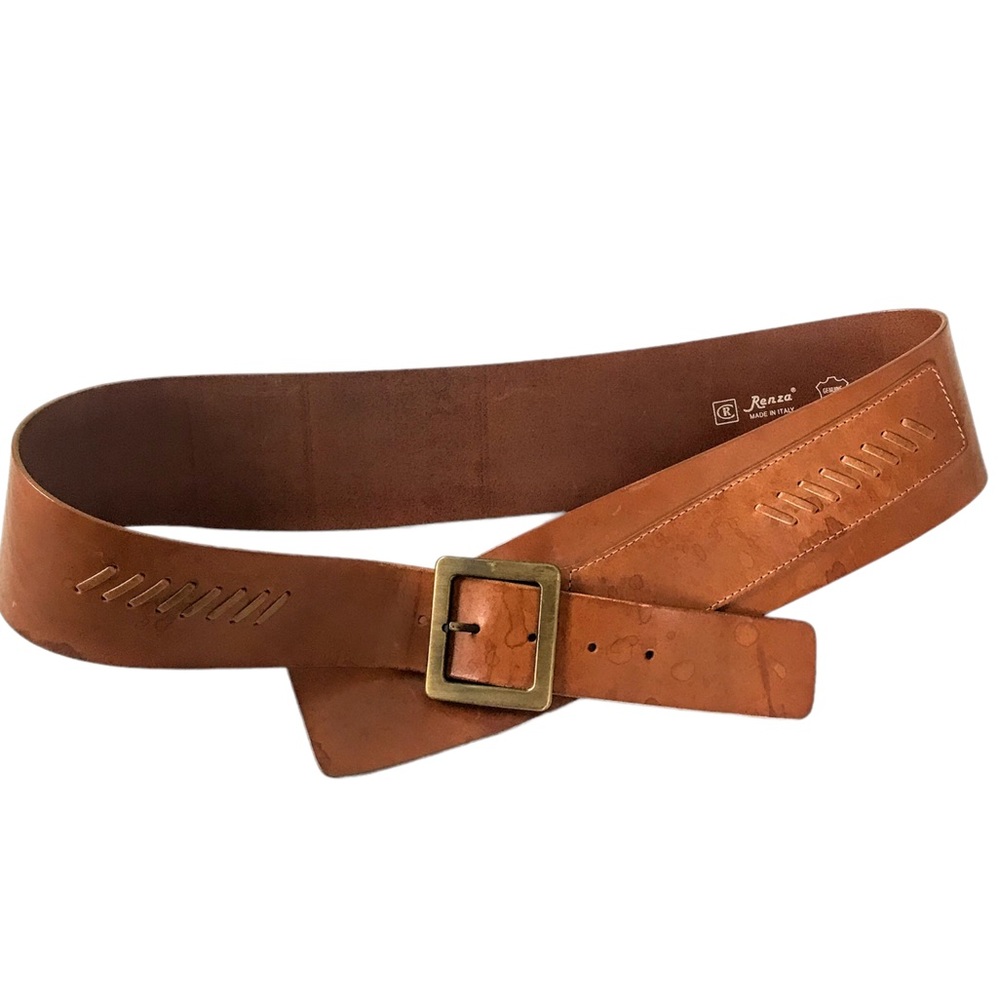 RENZA Italian Luxury Belt Asymmetrical Wide Saddle Brown Leather Brass Buckle